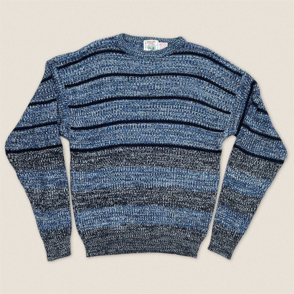 Vintage 90s Blue Gray Striped Grandpa Sweater Wrangler - Size Large